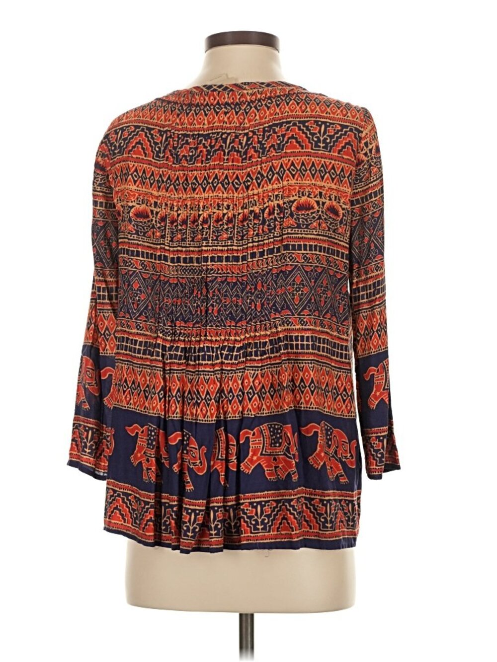 ANTHRO Vanessa Virginia Tribal Elephant Print Blouse Boho Split Neck Size 4 - Picture 4 of 10